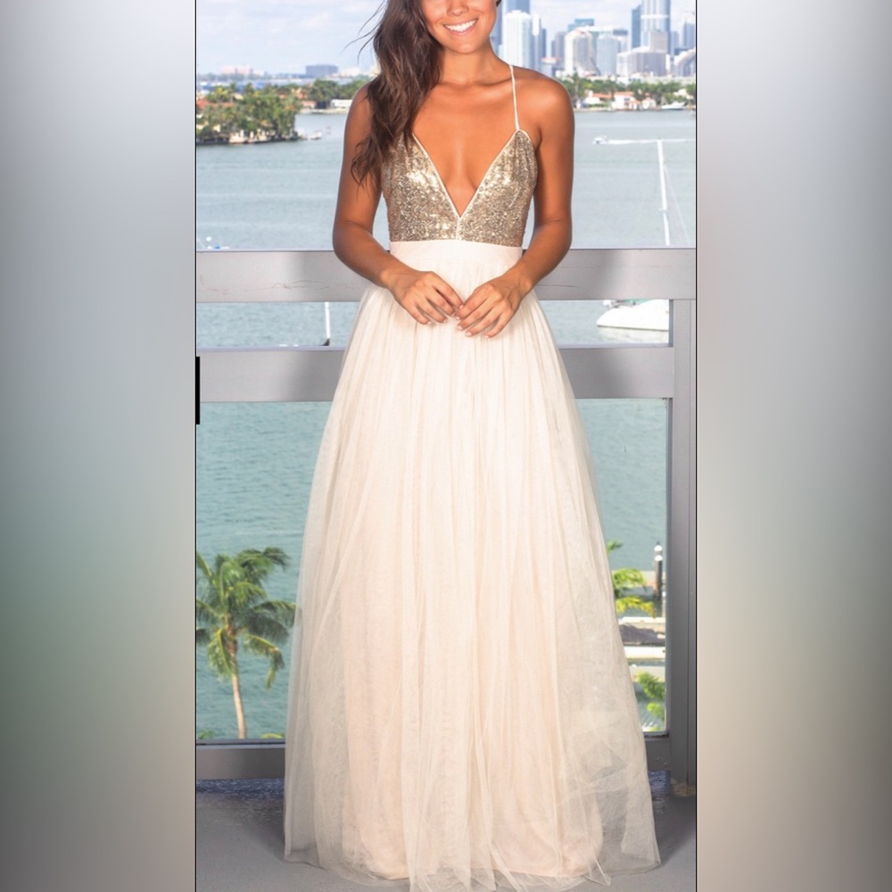 NWOT Ivory Tulle - Gold Sequin Maxi Dress - Small
